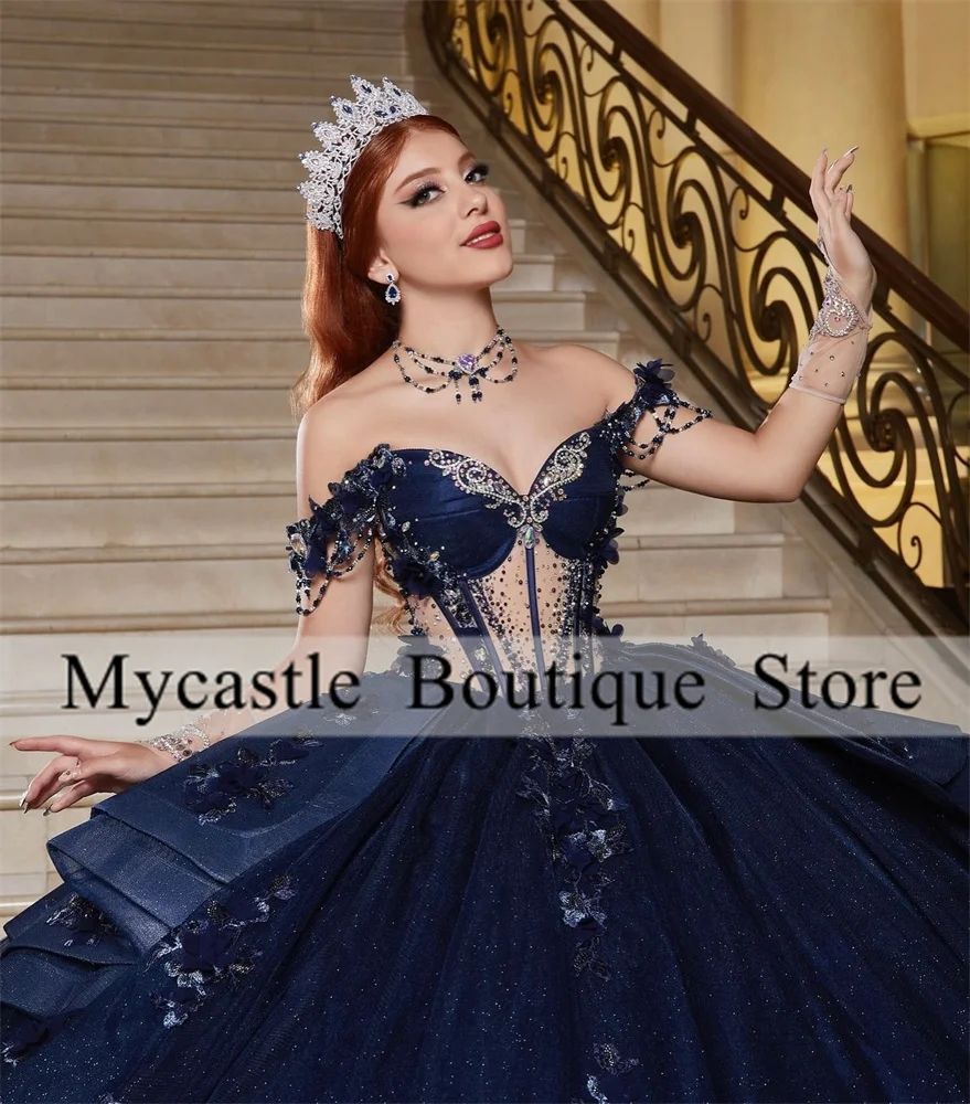 Navy Blue Beaded Off Shoulder Quinceanera Dresses 2025 Lace Appliques Mexican Pincess Ball Gown Ruffles Sweet 16 Dress Corset