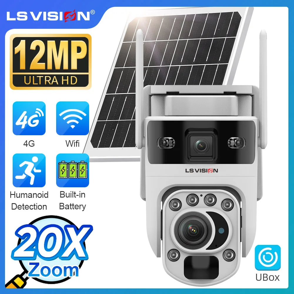 

LS VISION Ubox 12MP 20X Optical Zoom 4G Solar Camera Dual Screen WiFi PTZ PIR Detection Human Auto Tracking CCTV Cameras Outdoor