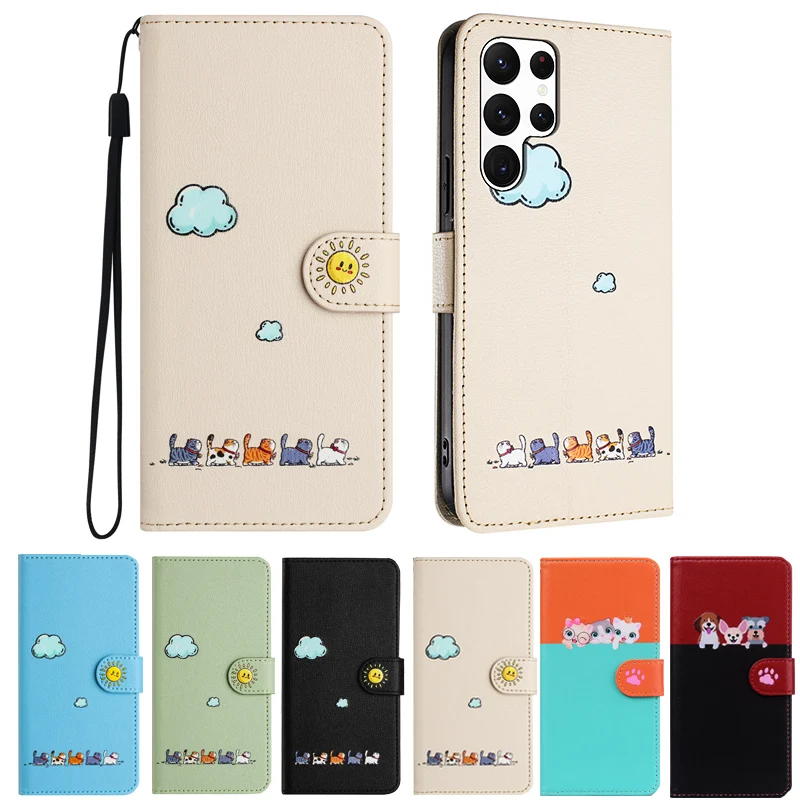 Fashion Flip Book Leather Wallet Case For Samsung Galaxy S24 S23 S22 S21 S20 S21 FE S22 Plus S20 Ultra Card Animal Cat on Cover