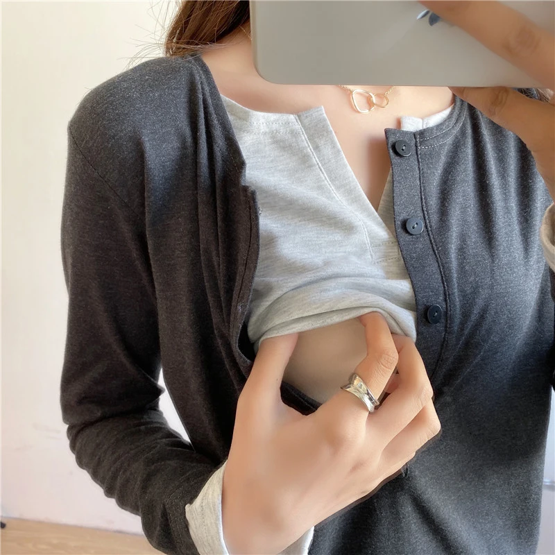 Maternity Long Sleeve Fake 2 Pieces T-Shirt Long Sleeve Casual Nursing Clothes Solid Color Breastfeeding Clothes Pregnancy