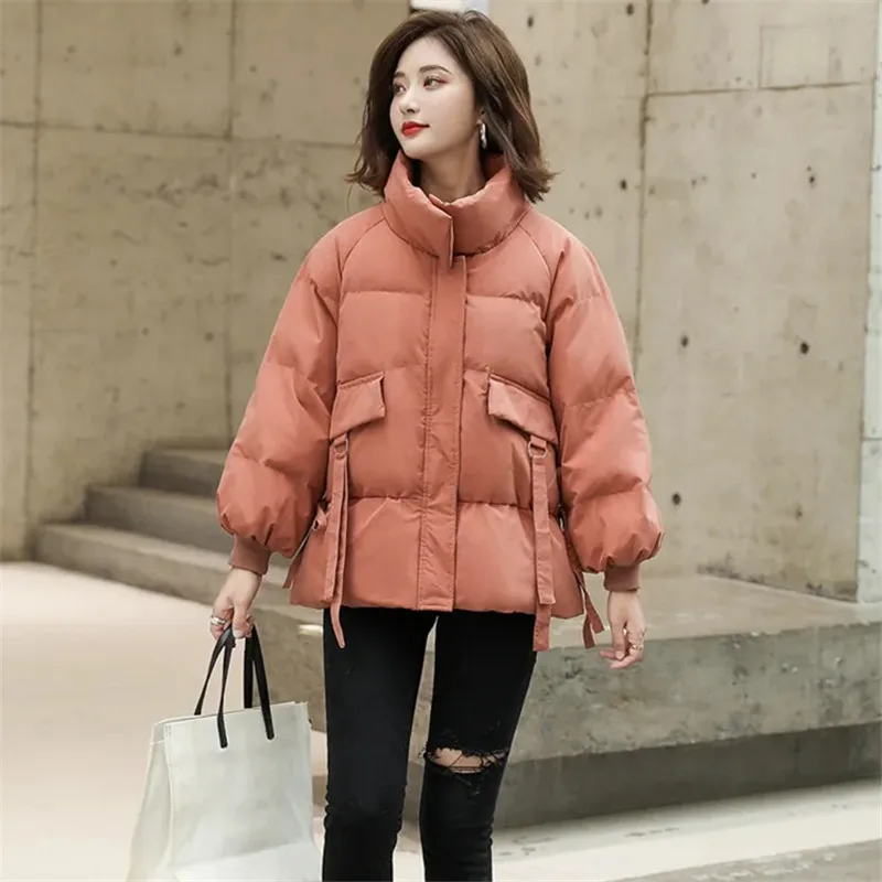 

Winter Coat Women's Solid Color Stand Collar Zipper Pocket Lace-Up Short Jacket Thickened Loose Fashion Parker Female Clothing