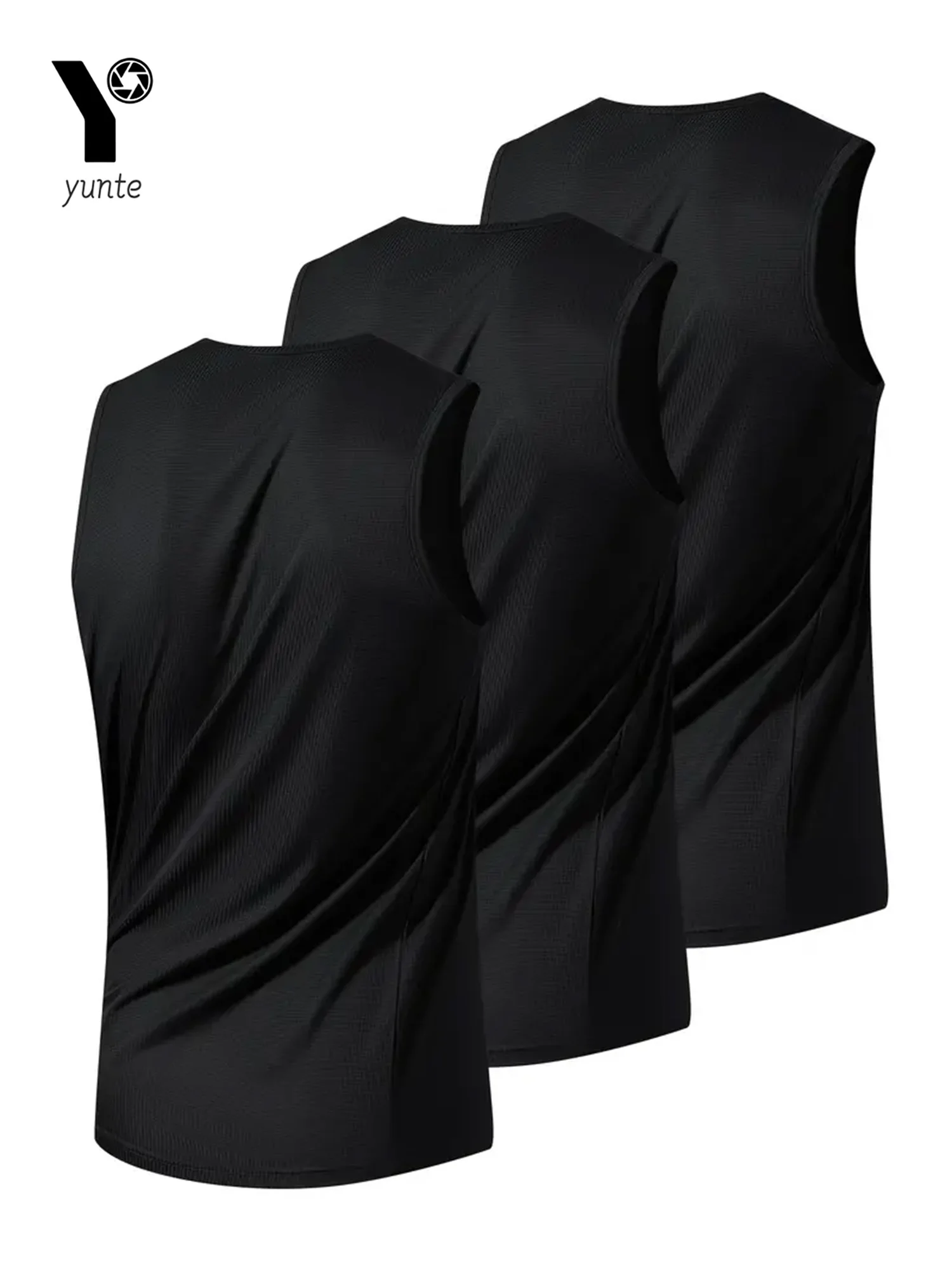 Men's Sports Vest Black 3-Piece Breathable Round Neck Slightly Elastic Fabric Pure Color Suitable for Spring, Summer and Autumn R