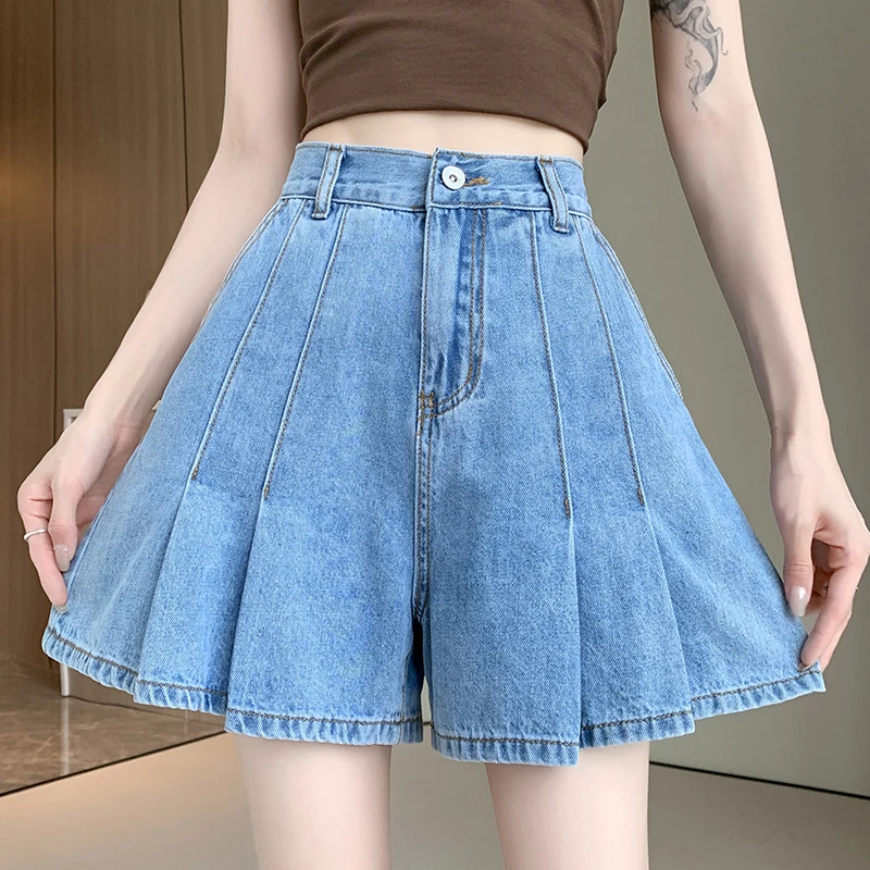 L-6XL حجم كبير الدنيم السراويل للنساء صيف 2025 السماء الزرقاء أو الأزرق اللون واسعة الساق فضفاضة مطوي شورتات جينز صغيرة النساء الجينز