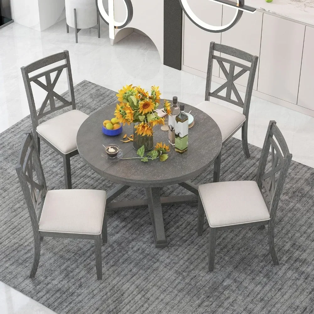 5 Piece Retro, Functional Set,Extendable Round Table and 4 Upholstered Chairs for Dining Room and Kitchen,Gray