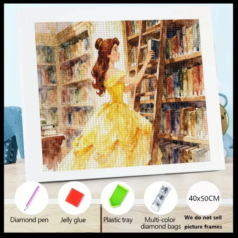 

1PC 5D DIY Full Drill Diamond Painting Kit, Elegant Belle Princess Reading in Library, Beauty and the Beast Inspired Round Rhine
