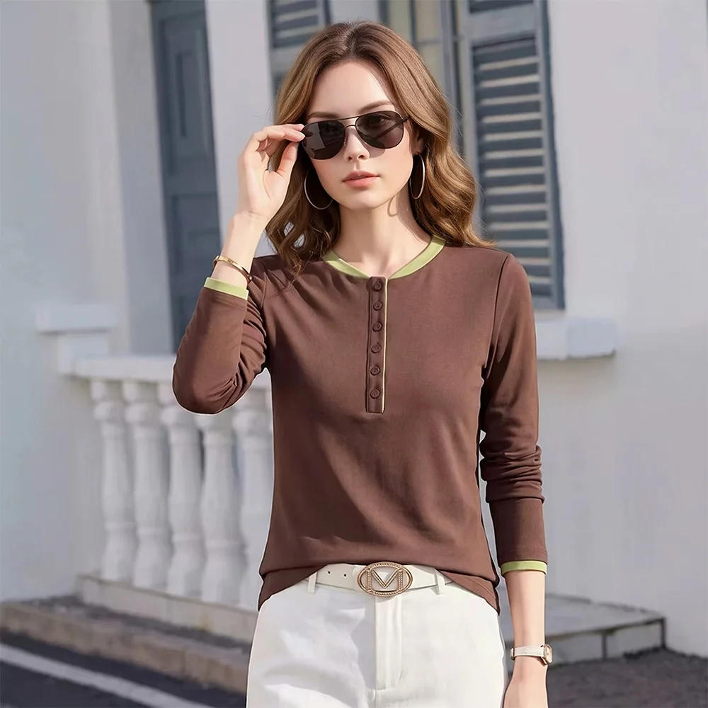 New Women Contrast Color Patchwork T-shirt Spring Autumn  Button O-Neck Long Sleeve Daily T-shirt Casual Simplicity T-shirt