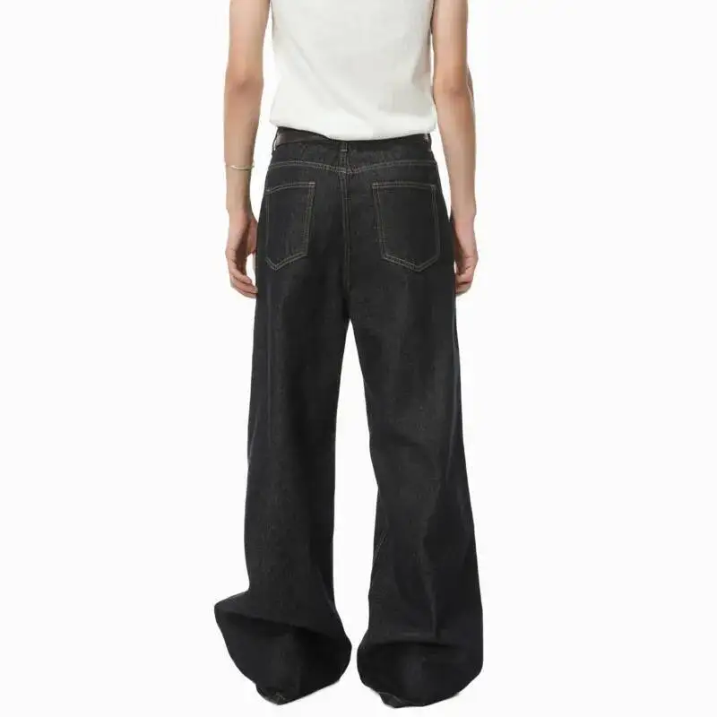 2025年秋 ハイストリート メンズ デニムパンツ 無地 ウォッシュ加工 ルーズ ワイドレッグ トラウザーズ ストレート ルーズ 男性用ジーンズ トレンド