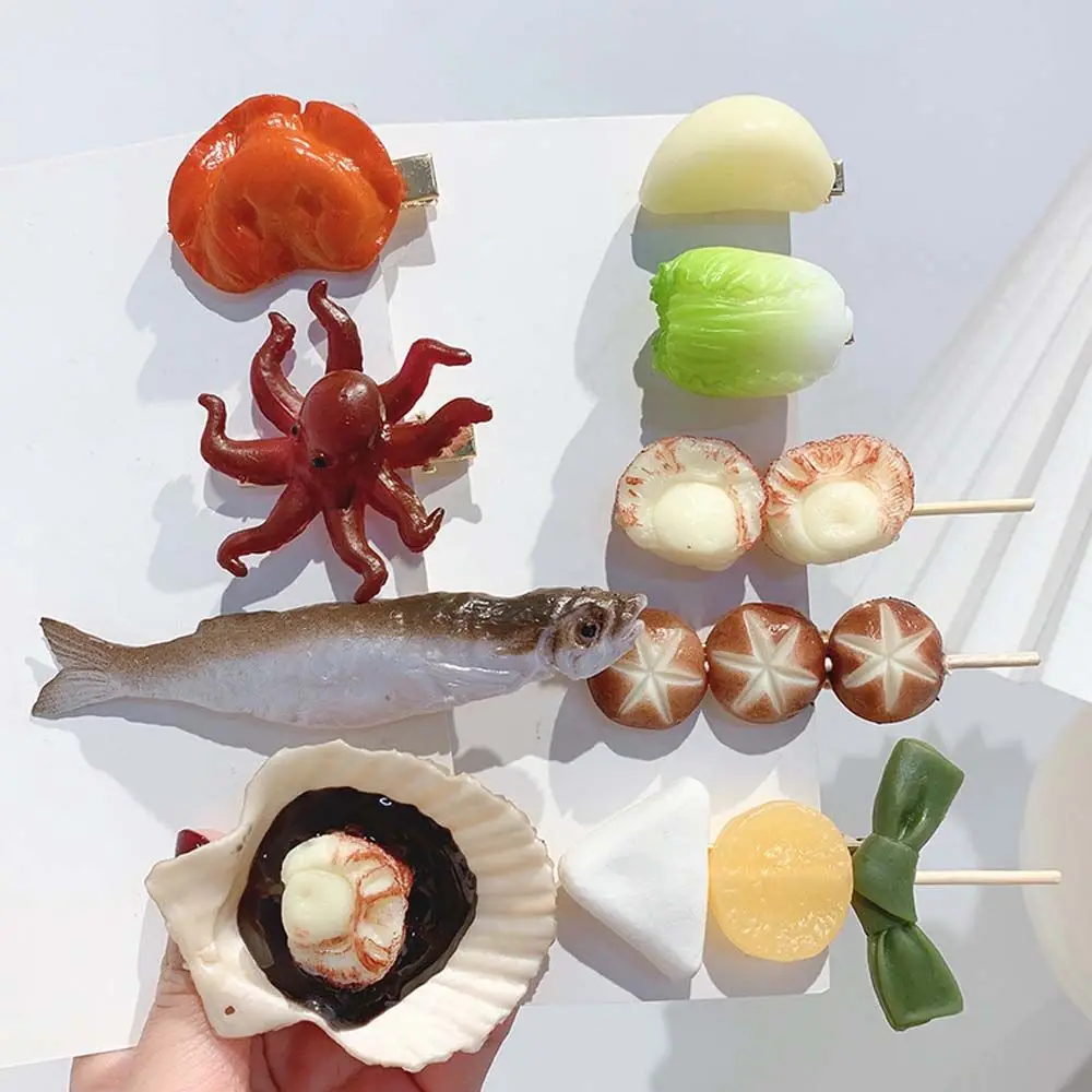 헤어 클립 해산물 꼬치 만화 시뮬레이션 음식 머리핀 가짜 음식 헤어 클립 여성 헤어 액세서리 한국 스타일 머리 장식