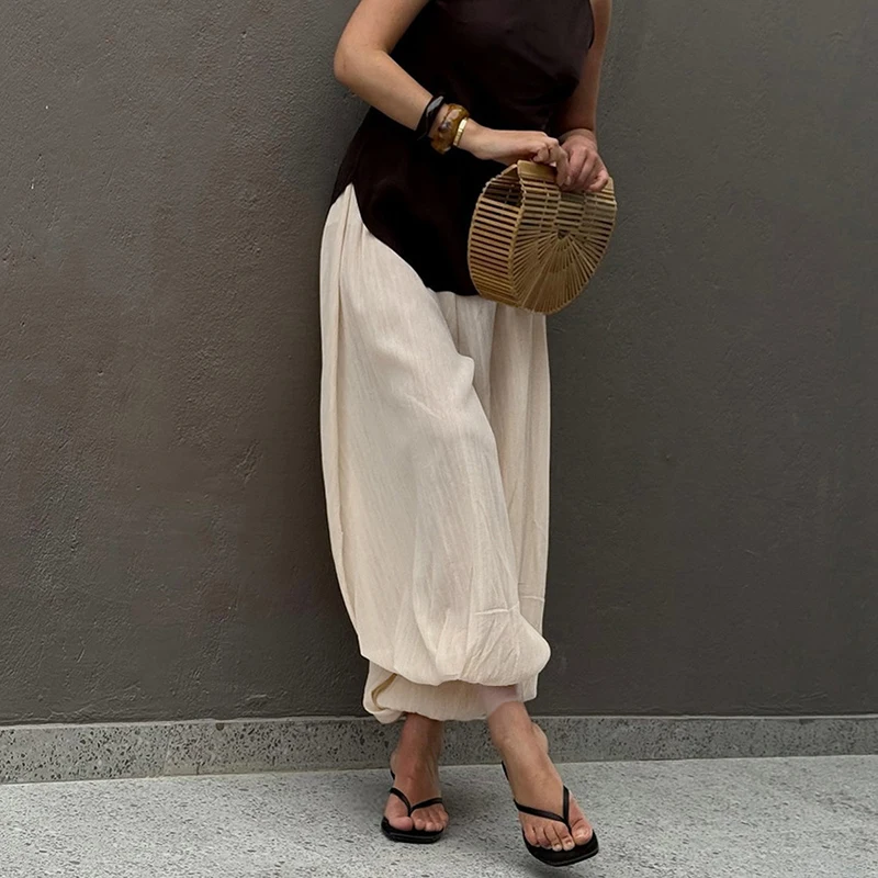 Typhaland Summer New Loose Bubble Pants Women's 2026 Fashion Commuting Long Trousers Solid Color Casual High Waist Female Pants