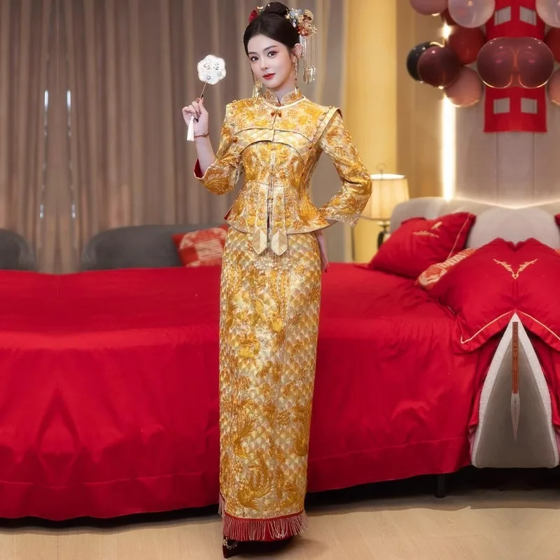 Full Embroidery Gown Emperor Dragon Phoenix Gown 2025 New High-End Xiuhe Dress Bride Wedding Dress Summer Chinese Style Xiuhe
