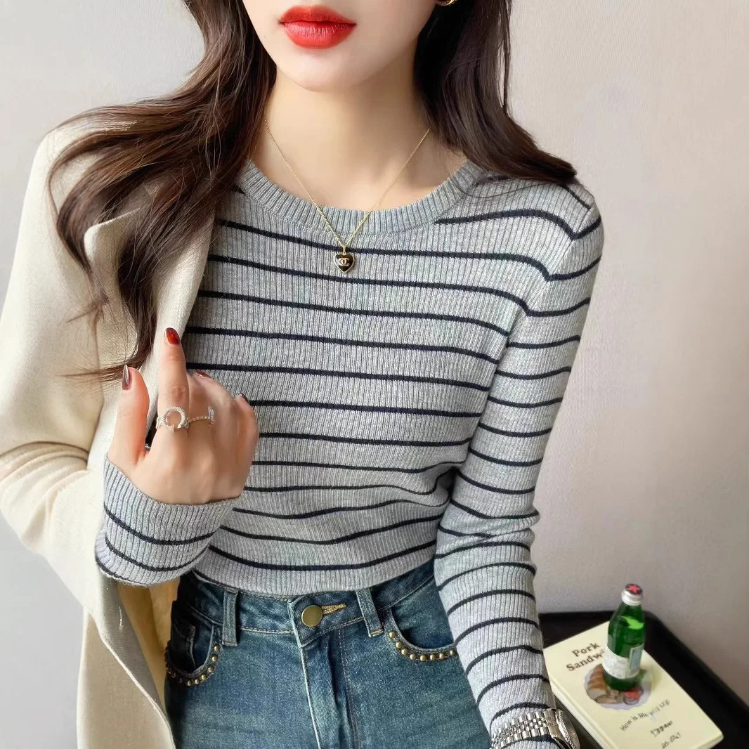 

Striped Knitted Shirt for Women 2025 Autumn New Versatile Bottom Slimming Long Sleeve Warm Top