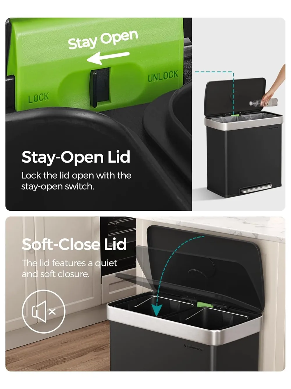 سلة مهملات المطبخ ذات المقصورة المزدوجة سعة 16 جالونًا مع دواسة، وغطاء مفتوح، وصندوق إعادة تدوير من الفولاذ المقاوم للصدأ للمنازل الحديثة