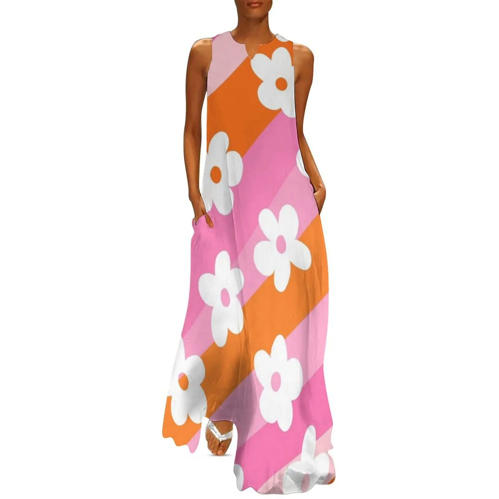 Pink and Orange, Wavy, Groovy Flowers Pattern Long Dress elegant women's dresses sale dress summer Woman fashion Dress