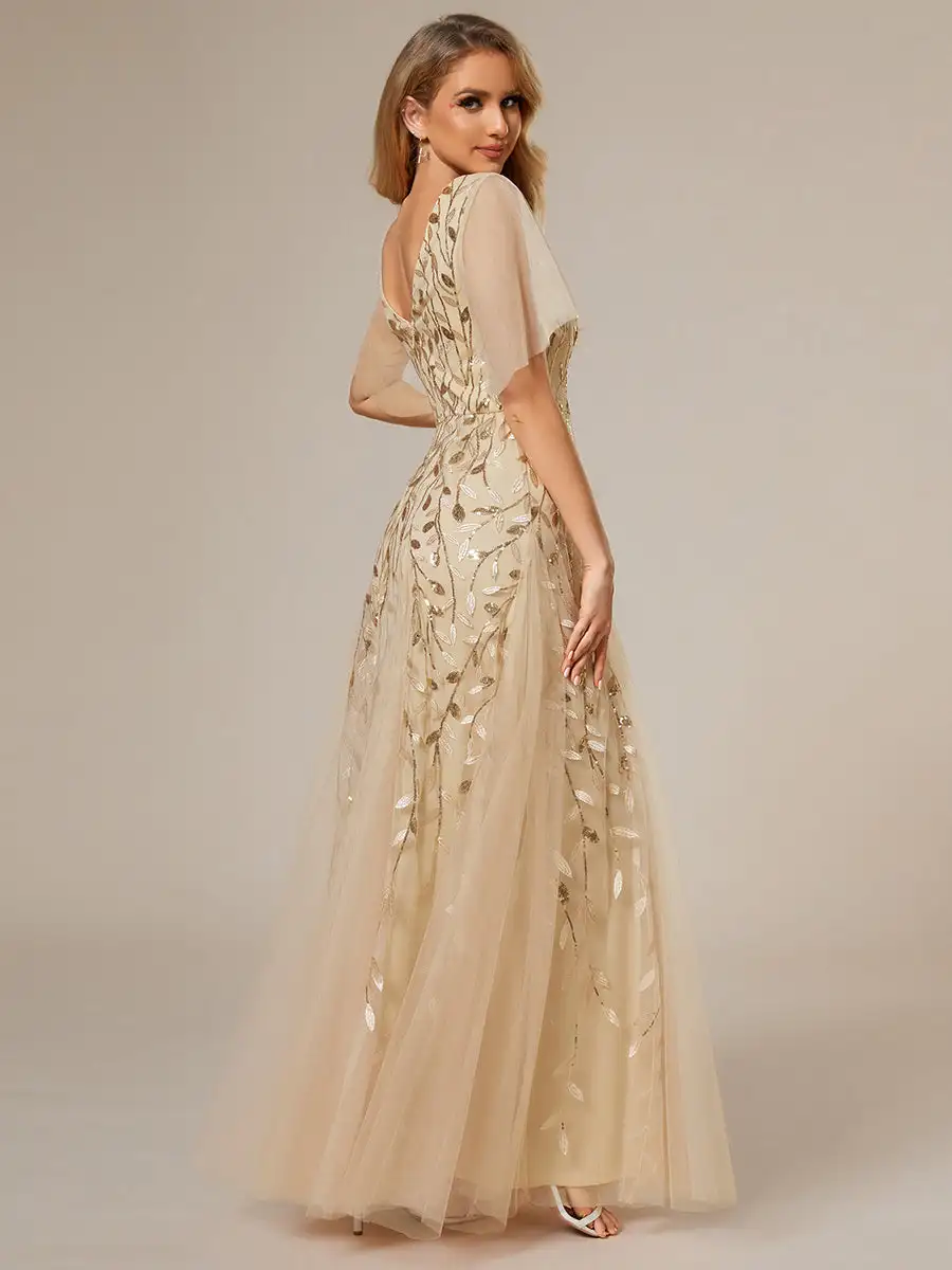 Elegant Evening Dresses Deep V Neck Short Sleeves Floor length 2025 Ever Pretty of Sequin Gold Bridesmaid dress