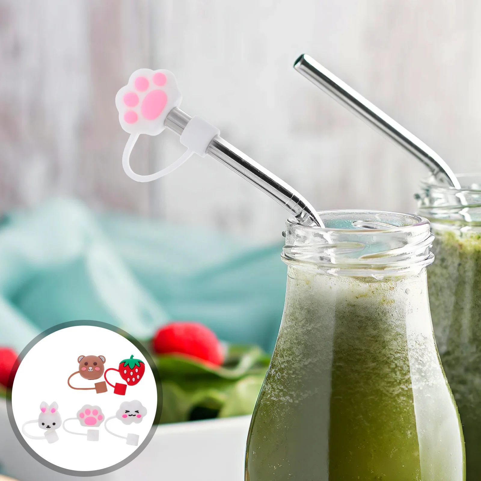 

6Pcs Cartoon Silicone Straw Toppers Reusable Cute Animal Caps for Tumblers Cups Dust Protection Drinking Accessories