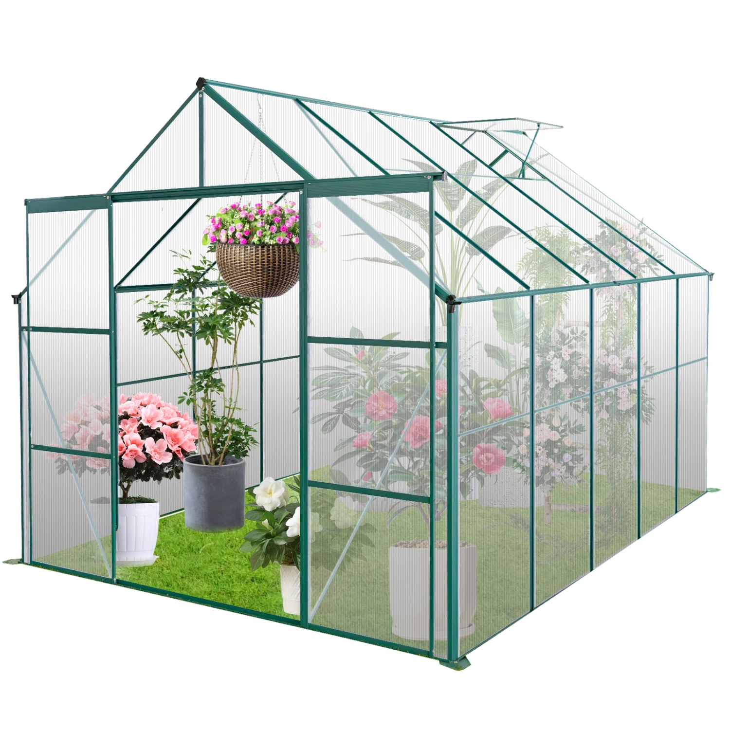 8x10FT Double Door Polycarbonate Greenhouse Aluminum Walk-in Greenhouse All Season Outdoor Backyard Green