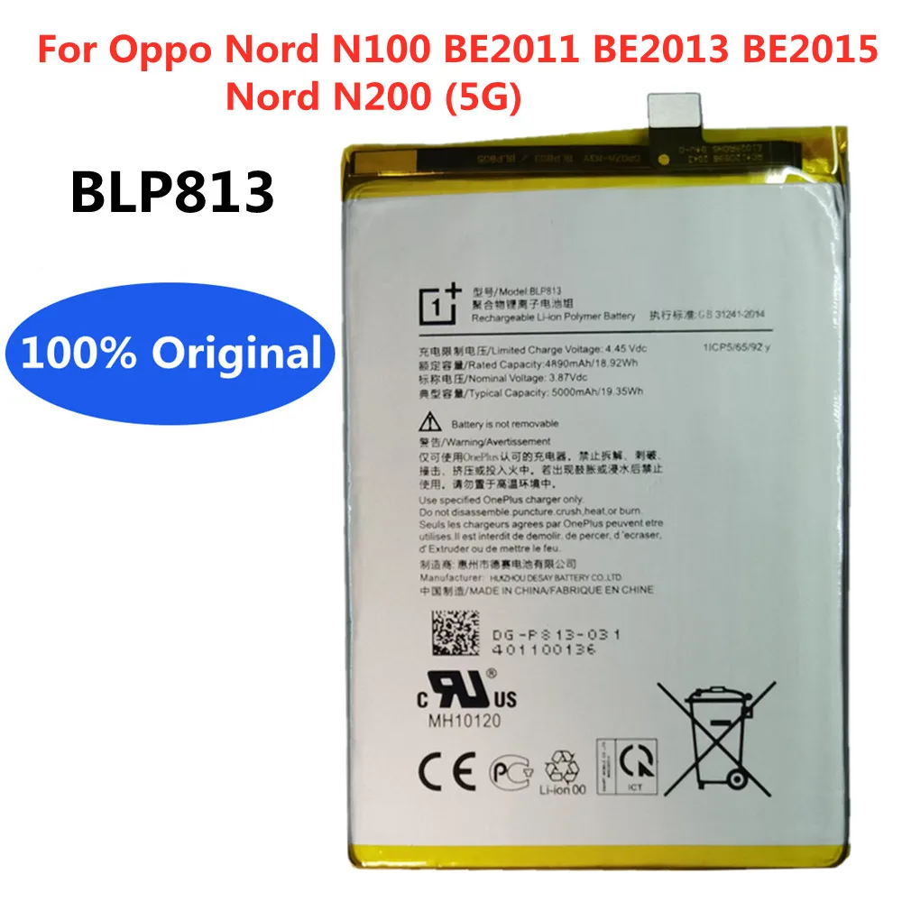 

5000mAh BLP813 Original Battery For Oppo Nord N100 BE2011 BE2013 BE2015 / Nord N200 5G Bateria SmartPhone Replacement Batteries