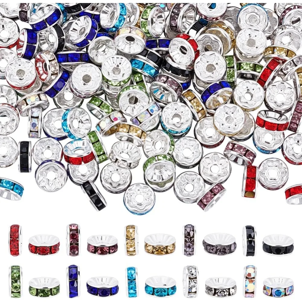 

160Pcs Rhinestone Spacer Beads 10 Color 8mm Rondelle Metal Beads Bulk Large Hole for Jewelry Making Accessory Supplies DIY Craft