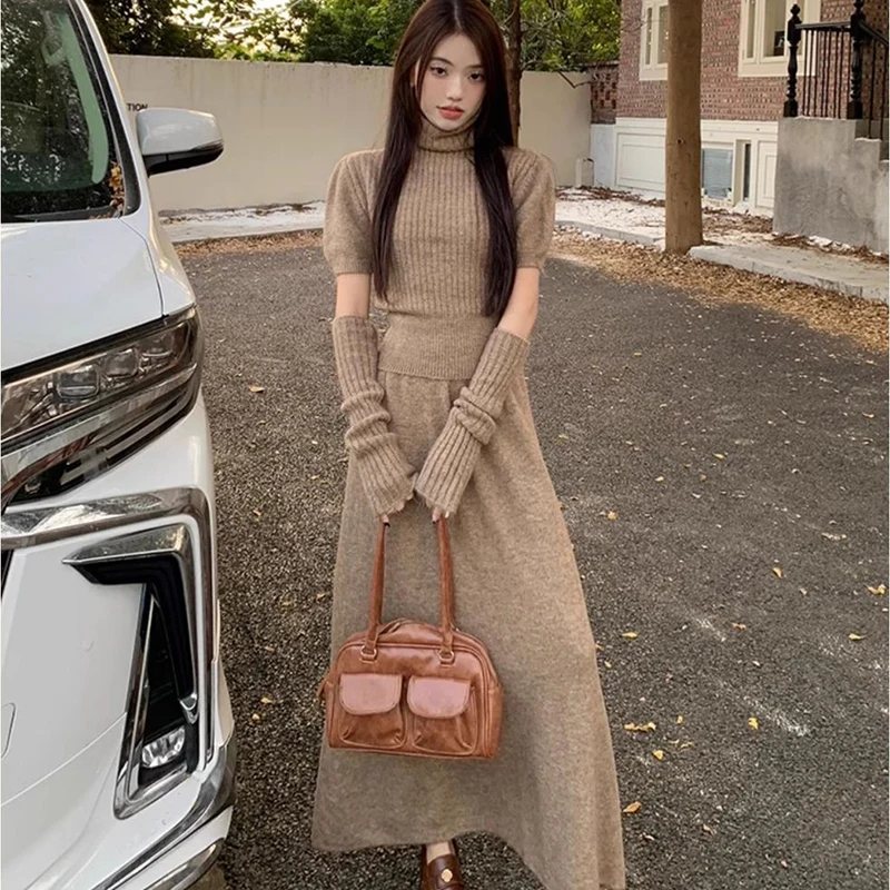 Fashion 2 Piece Skirt Set Women Short Sleeve Sweaters High Waist A-line Long Skirts Office Lady Slim Knitted Two Pieces Suits