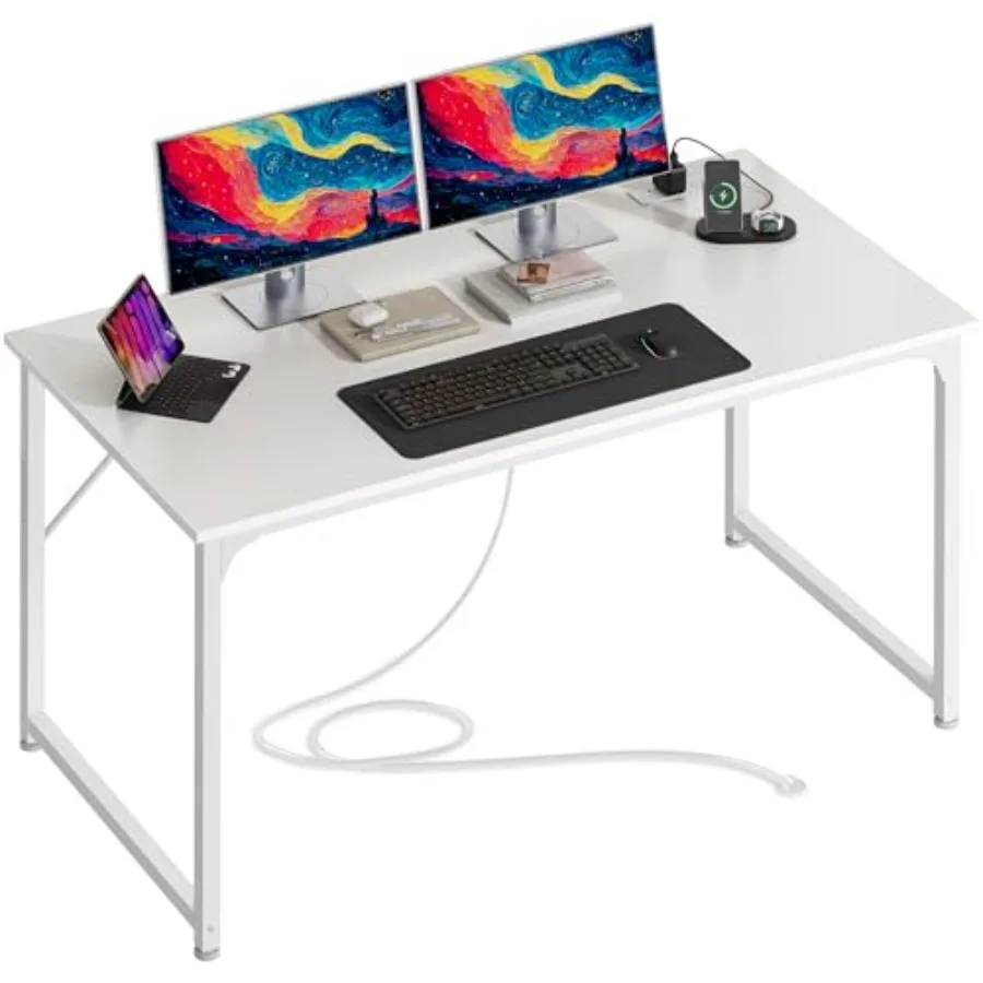 47 X 24 Inch Deeper Desk with Power Outlets for home office use, engineered wood in white, built-in dual USB and AC outlets