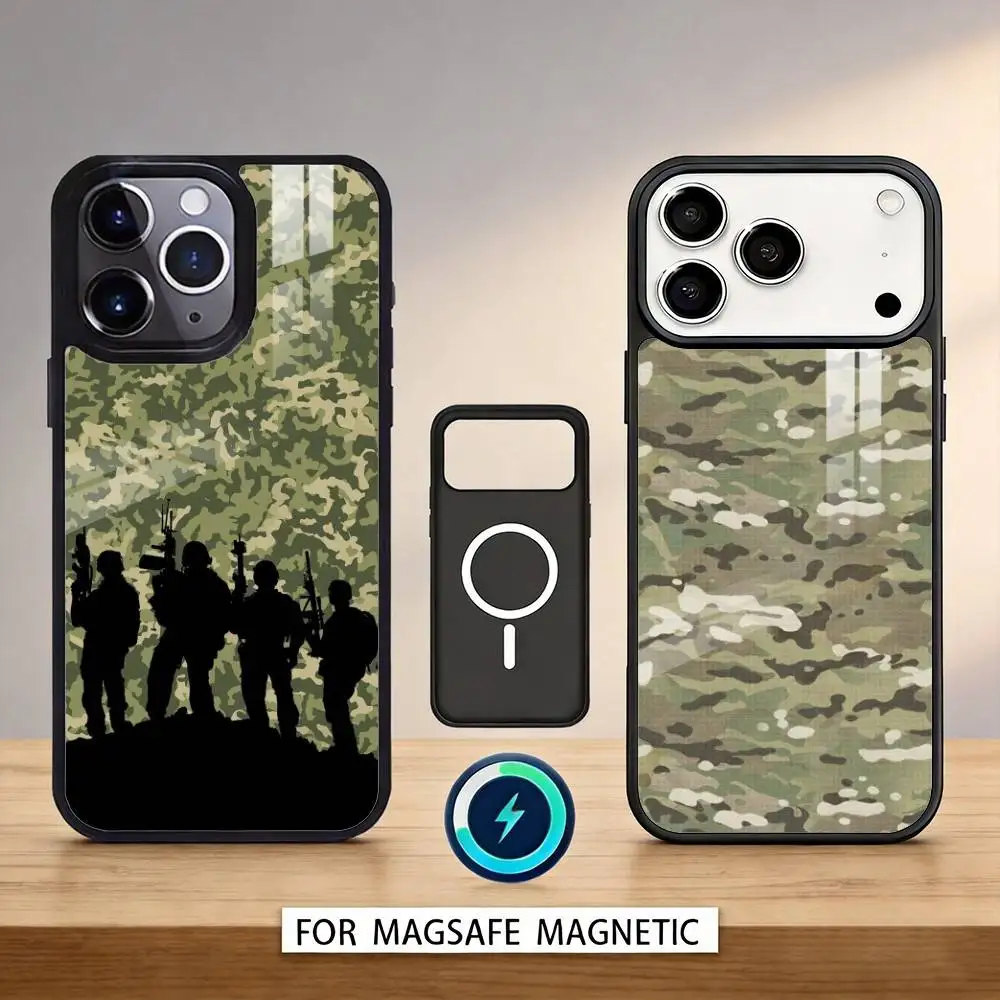 

Камуфляжный чехол C-Camo в стиле милитари для iPhone 17 16 15 14 13 12 Pro Max с магнитной фиксацией для беспроводной зарядки MagSafe