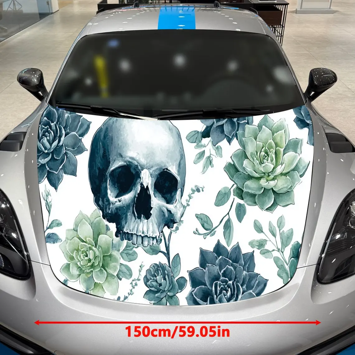 Car Decal Blue-Gray and White Contrasting Skull Gothic Minimalist Aesthetic Car Hood Sticker, Waterproof Self - Adhesive Vinyl G