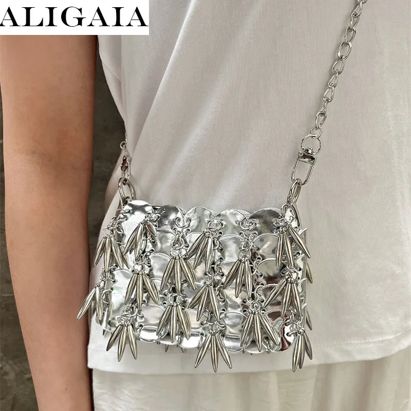 Trendy Imitation Metallic Handwoven Shoulder Bag Spicy Girl Acrylic Creative Bamboo Leaf Shaped Tassel Chain Crossbody Bag