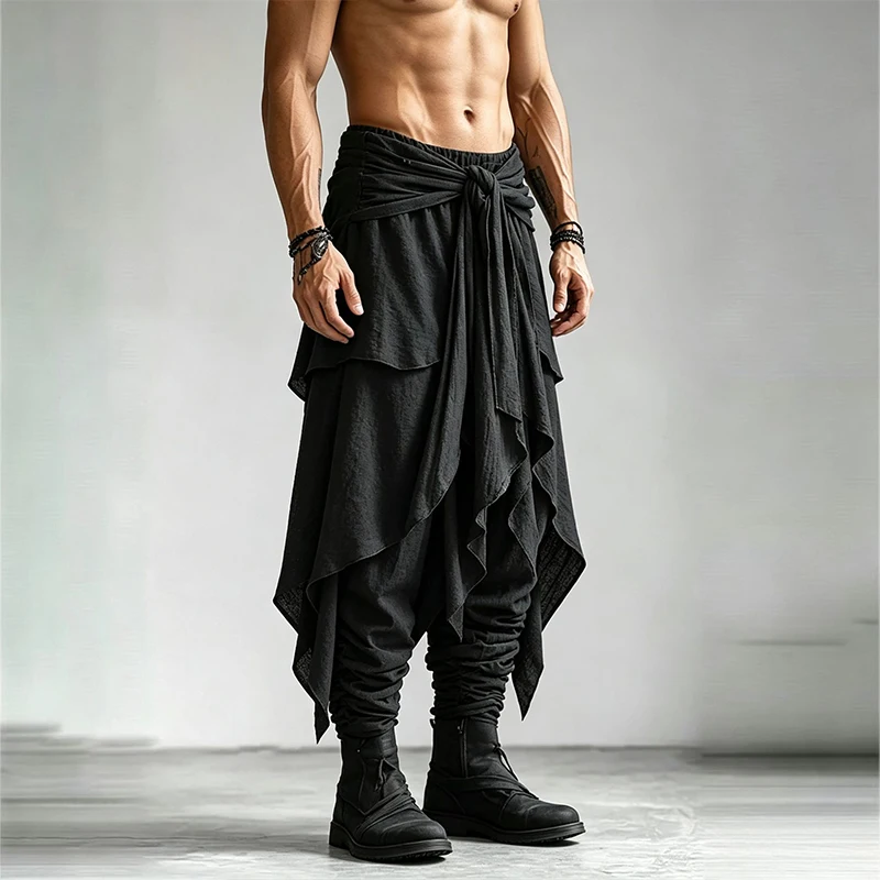 Men Gothic Layered Irregular Flap Harem Pants Waist Self Tie Faux Wrap Asymmetric Hem Cuffed Jogger Streetwear Casual Trousers