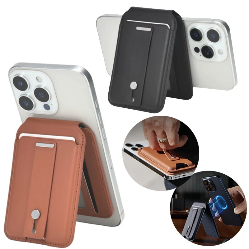 

PU Slot Card Bag Wrist Strap Holder Magnetic Wallet Case For iPhone 15 16 17 Pro Max 14 13 12 Wallet with Adjustable Stand