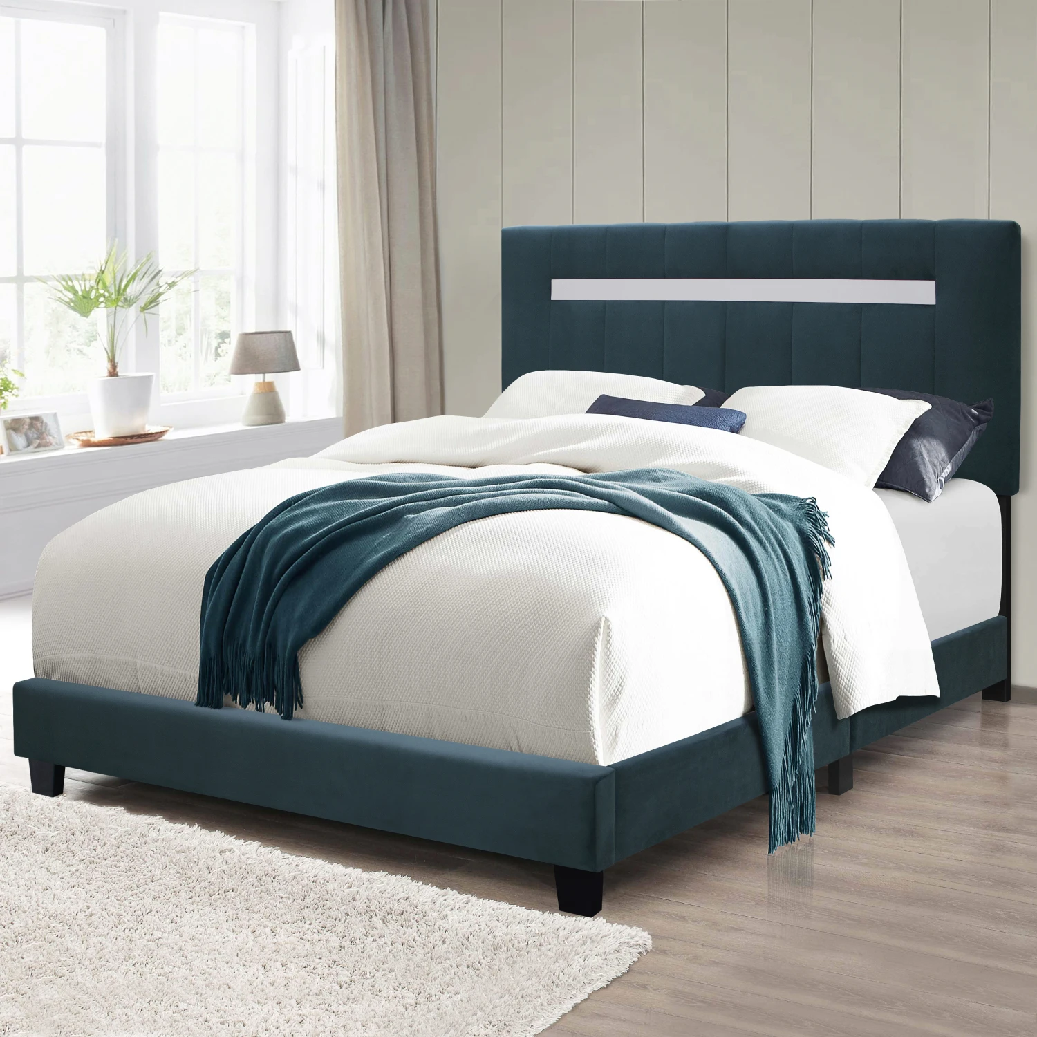 

Green Velvet Upholstered Queen Bed Frame - Adjustable & Laminated