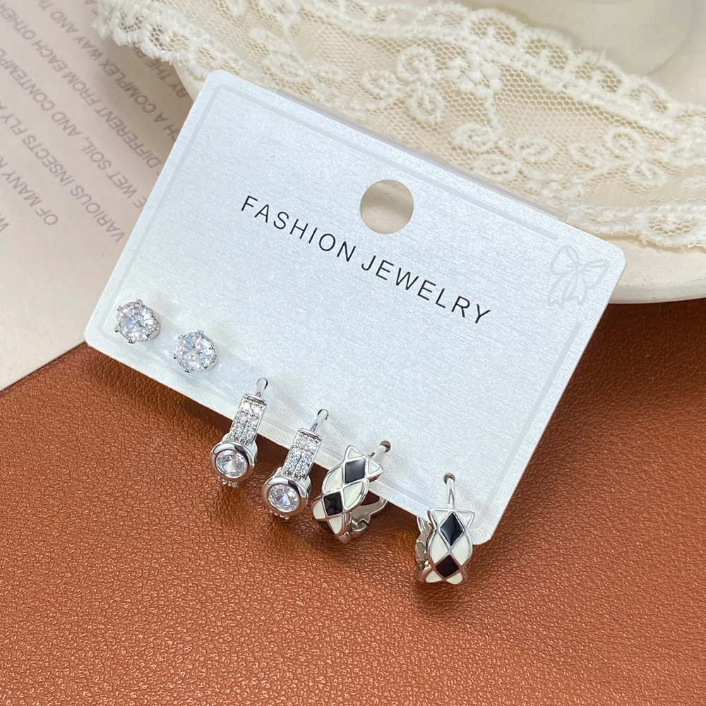 Retro fashion simple zircon checkerboard set ear buckle personalized light luxury earrings