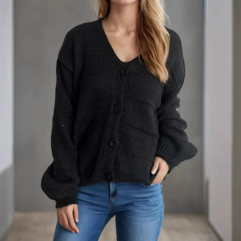 Women Solid Button Cardigan Sweaters V Neck Splice Knit Jumpers Casual Loose Long Sleeve Elegant Office Lady Autumn 2025