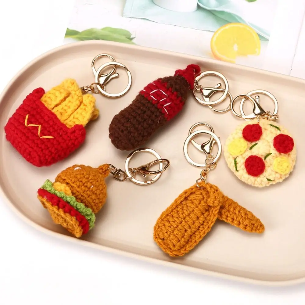 Creative French Fries Crochet Hamburger Pizza Wings Pendant Weaved Keychains Woolly Handmaking Knitting Key Ring Women Girl