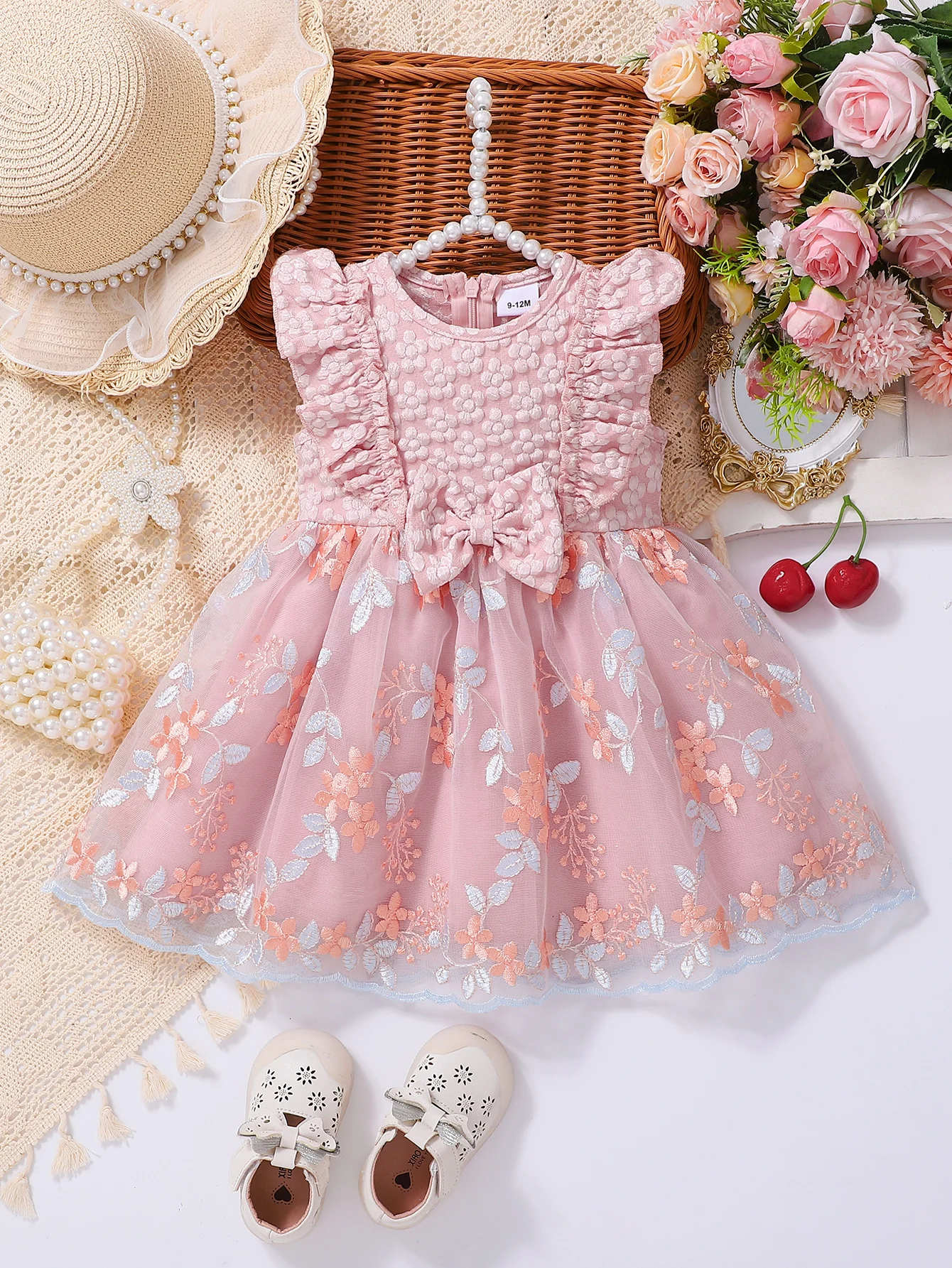 Summer Princess Skirt for Girls with 3D Embroidery Light Pink Flounce Tulle Puffy Skirt Children's Party Dress