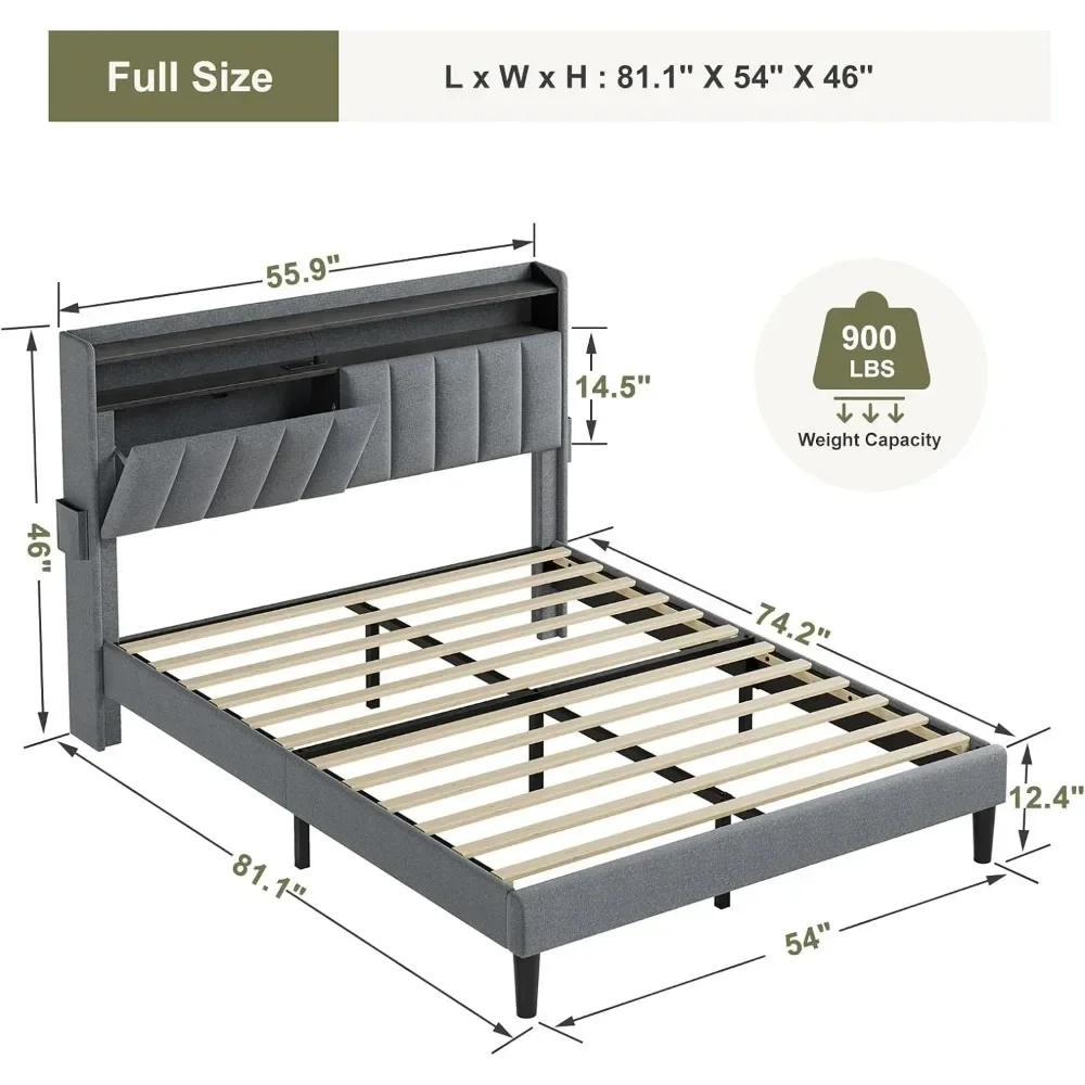 Full Bed Frame with Storage Headboard & Footboard Upholstered Platform Bed with LED Lights USB Ports & No Box Spring Needed