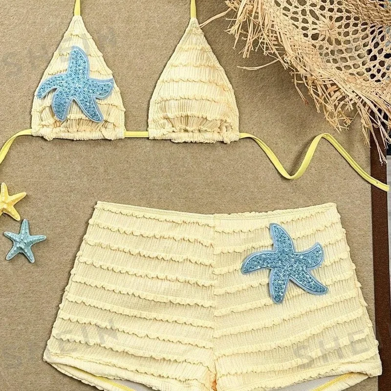 2026 Summer New Sexy Outfits Halter Neck Starfish Pattern Embroidered Bikini Two Piece Set Sexy Women's Swimsuit Female Clothing