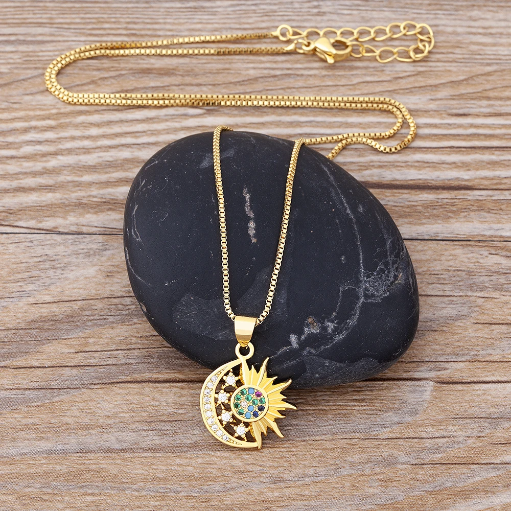 Nidin New Fashion Sun Moon Shape Pave Shiny Crystal Zircon Pendant Necklace For Female Mother\'s Day Jewelry Accessories Gifts