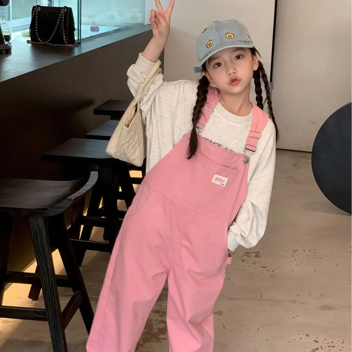 Kid Pants 2024 Spring and Summer Fashion Boys and Girls Autumn Pink Genki Girls Washed Cotton Pink Straight Pant Suspenders