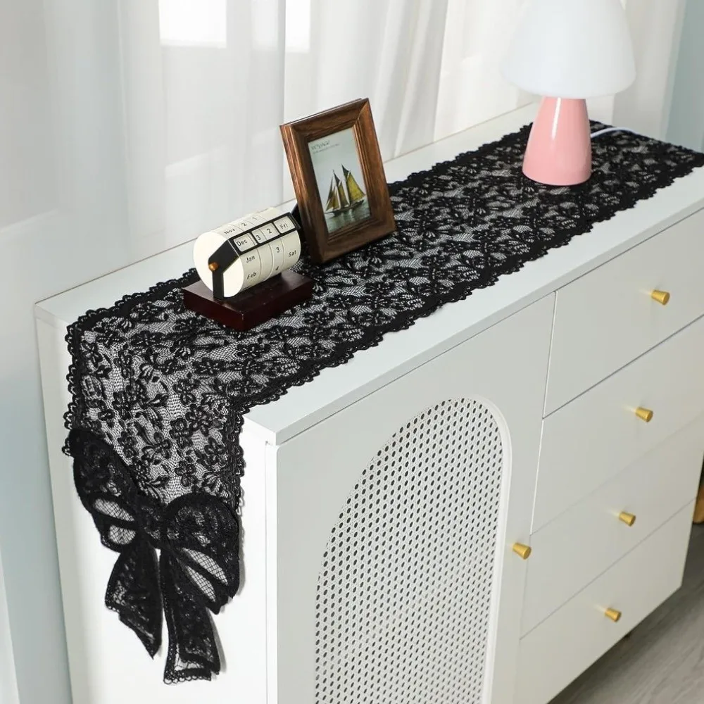 Floral Cut-Out Lace Table Runner Bow Trim Long Strip Table Flag Romantic Vintage Decorative Table Cloth TV Cabinet