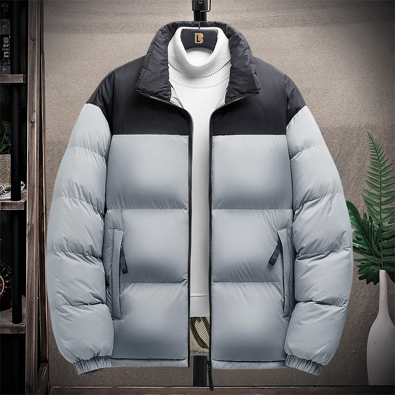 Parka invernale da uomo color block alla moda, colletto alla coreana, giacche in cotone maschile antivento, abbigliamento da uomo caldo addensato di alta qualità