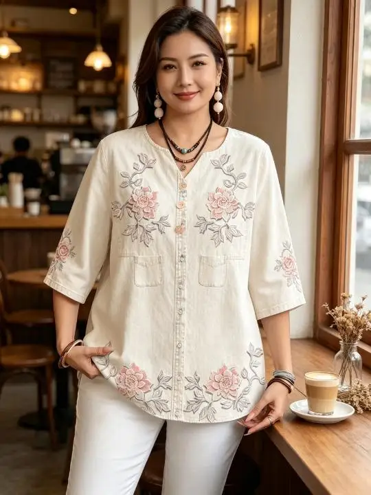 Vintage Floral Embroidery Cotton Linen Blouses Notch V Neck Button Front 3/4 Sleeve Pocket Design Casual Women Shirts