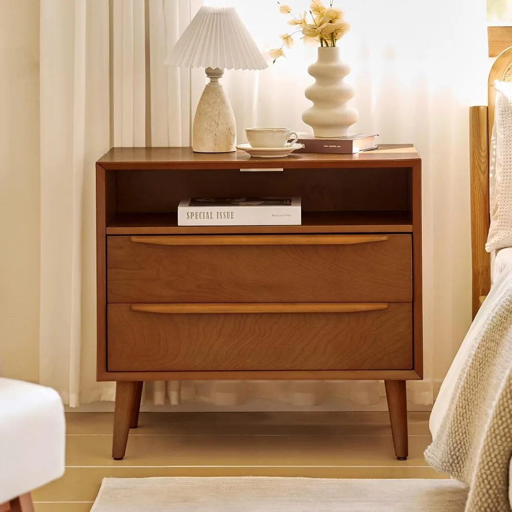 

nightstand with charging station, mid-century modern 2 drawer and open shelf dresser for bedroom, fluted bedside table, acorn