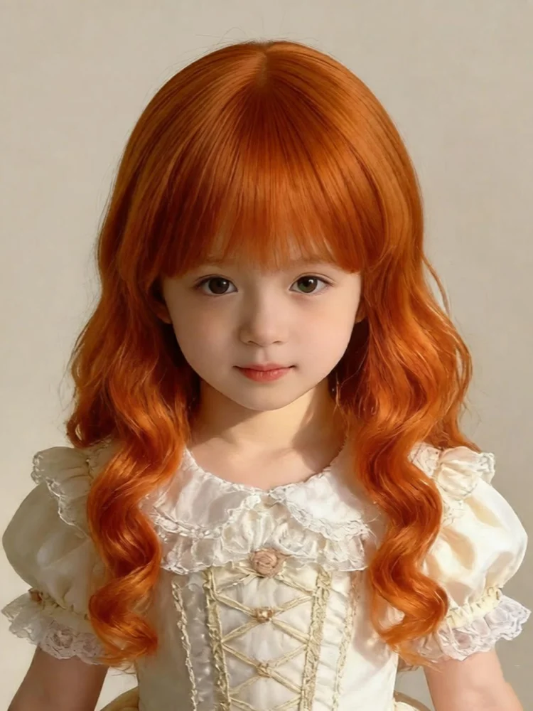Perruque orange longue et bouclée pour fille, accessoire de performance et de photographie pour enfants, coiffe pour jeunes, couvre-chef pour bébé 2 ans