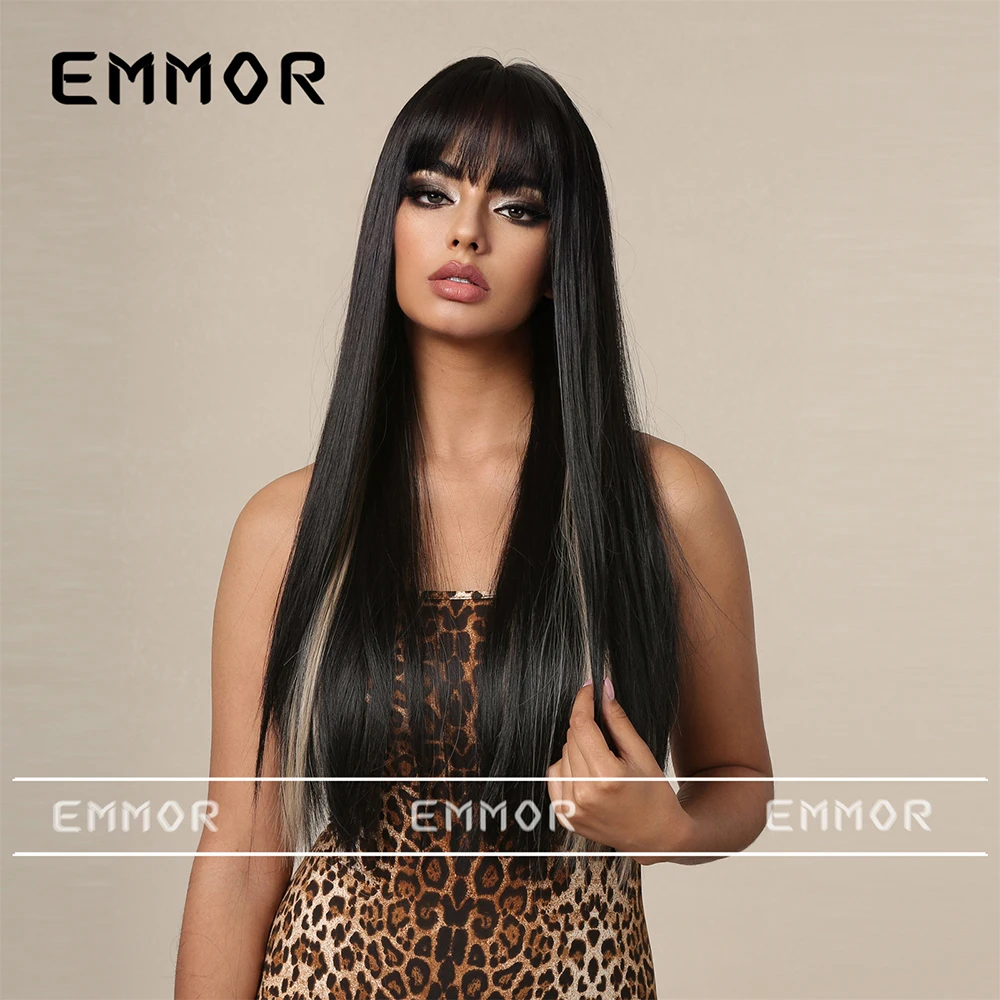 شعر مستعار بني شامبانيا، شعر أسود طويل مستقيم غطاء رأس كامل، شعر مستعار صناعي مع غرة، مناسب للنساء #3