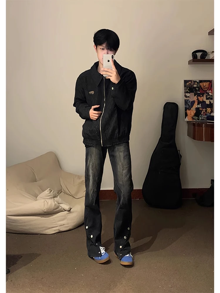 

Extended Length High Waist Straight Leg Men's Jeans Bla ey American Retro Sle Wear Resistant Long Pants for Teens