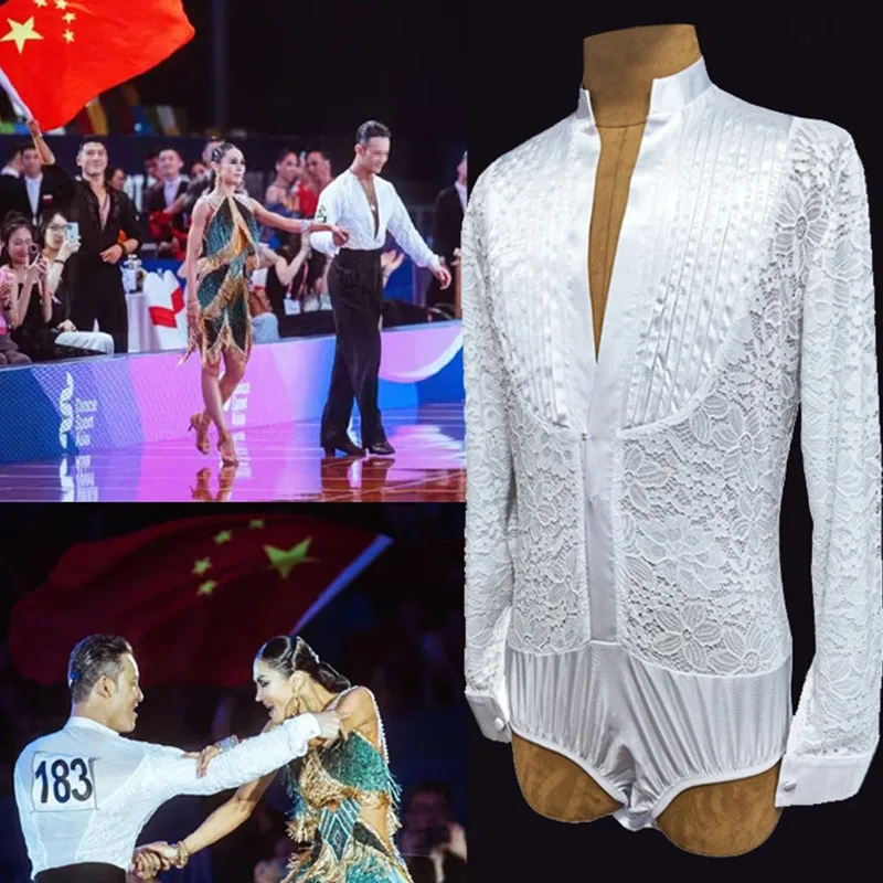 Latin Danc Top Men Long Sleeves Dancing Tops Tango Samba Performance Costume Black White Practice Clothes Cha Cha Dancewear 1421