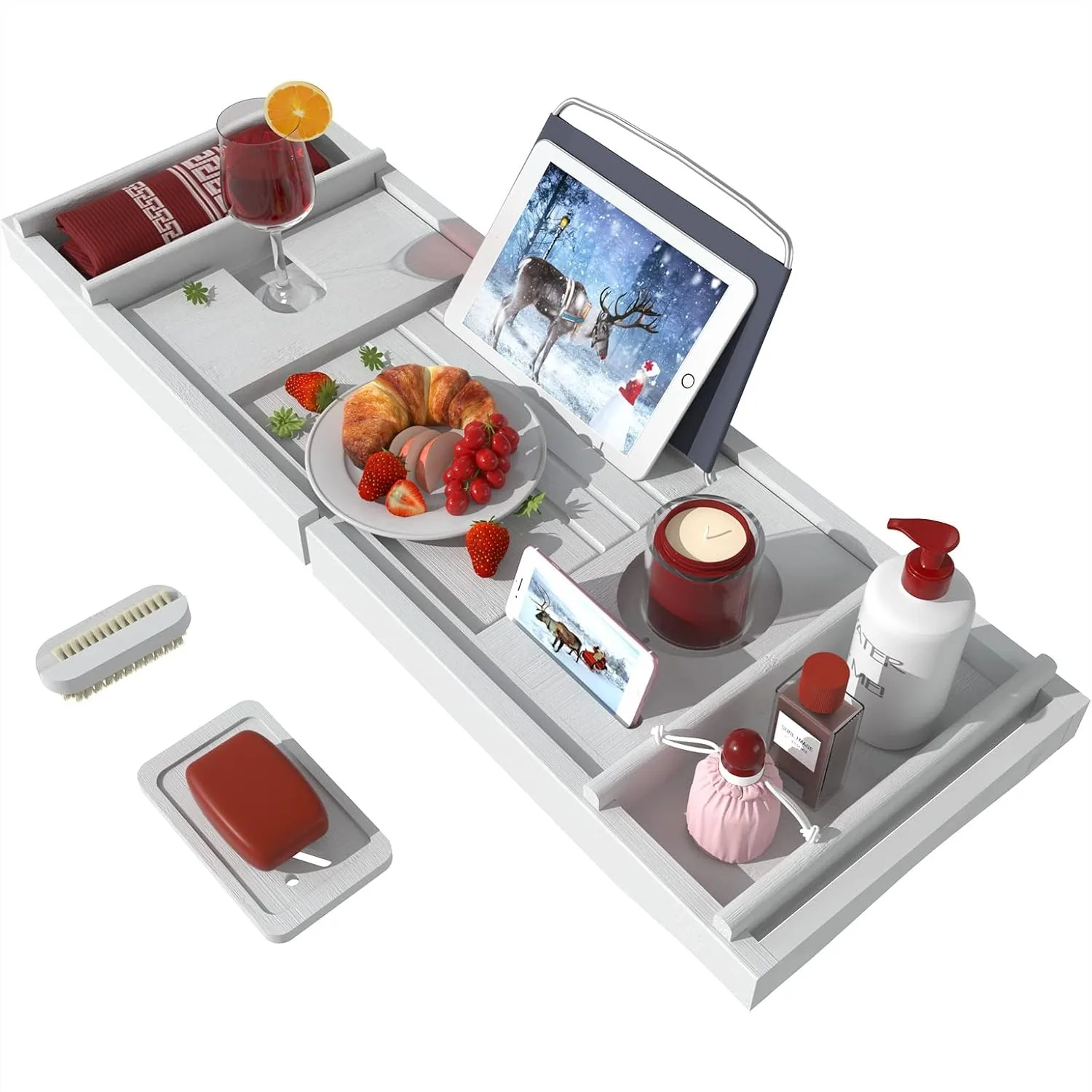 

Bathtub Caddy Tray, Bamboo Waterproof Expandable Bath Table with Wine and Book Holder for Luxury Bath