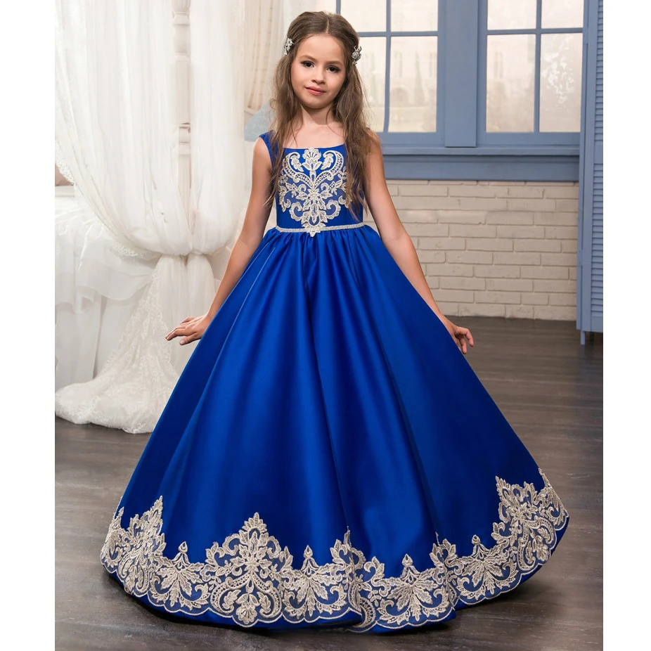 Royal Blue Flower Girl Dresses  White Appliques With Bow Sleeveless For Wedding Birthday Party Banquet Princess Gowns