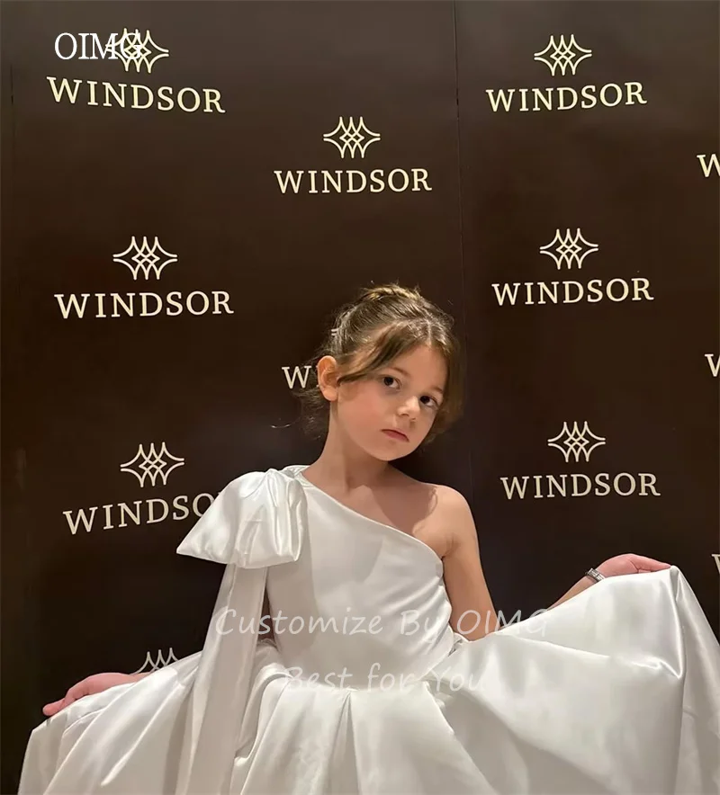 OIMG Modern Ivory A Line Flower Girl Dresses Bow One Shoulder Wedding Party Dress Floor Length Birthday Dress Customized