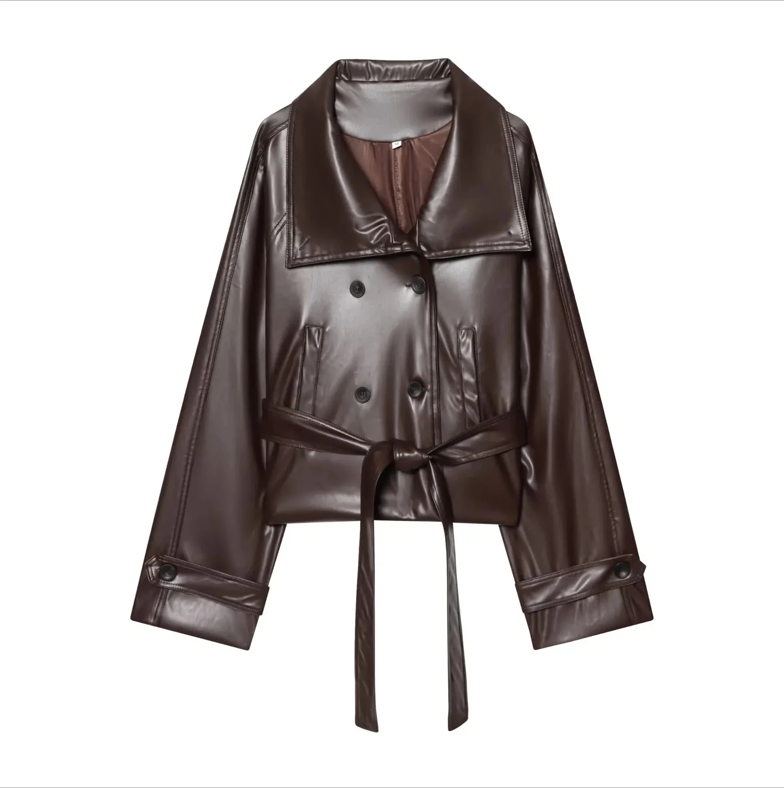 

Весенняя винтажная новая верхняя одежда, женские укороченные кожаные куртки, пальто с длинными рукавами и поясом с лацканами, двубортный карман